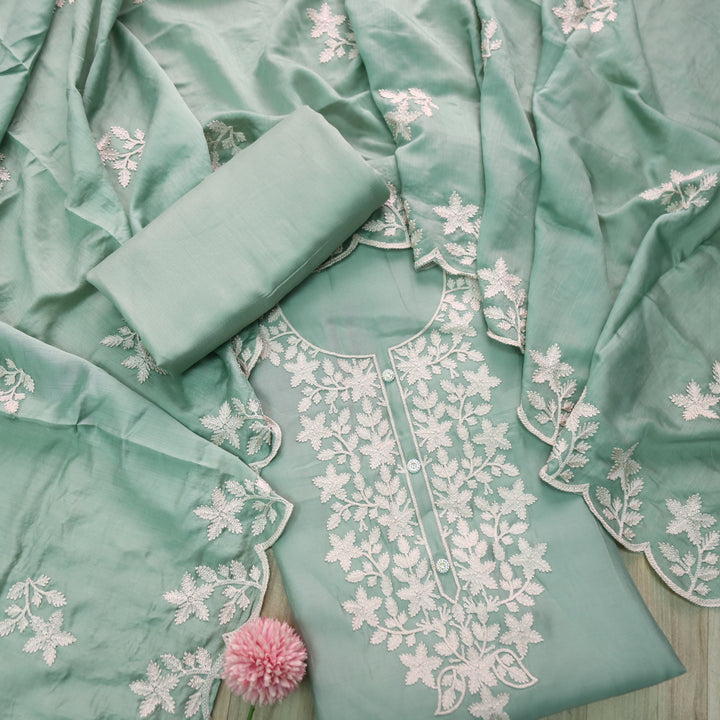Rivva Sage Green Aari Embriodered Neck Work Modal Suit Set