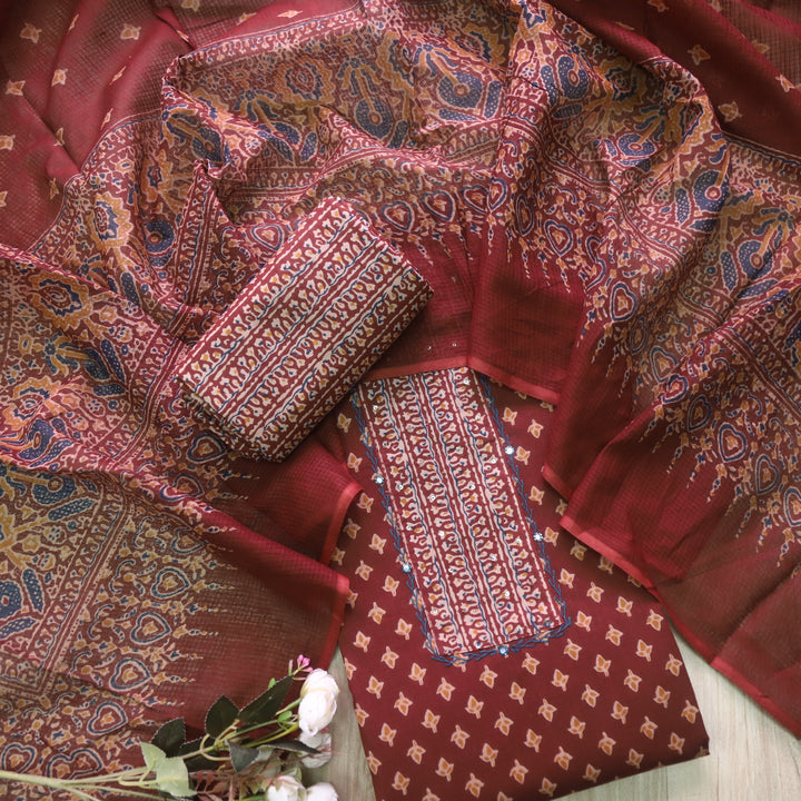 Raazi Coffee Brown Patch Work Ajrak Printed Cotton Suit Set