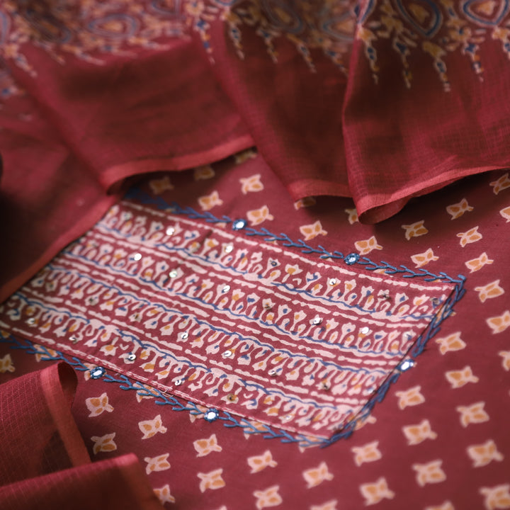 Raazi Coffee Brown Patch Work Ajrak Printed Cotton Suit Set