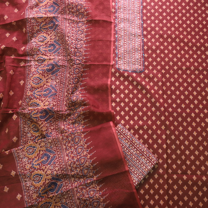 Raazi Coffee Brown Patch Work Ajrak Printed Cotton Suit Set