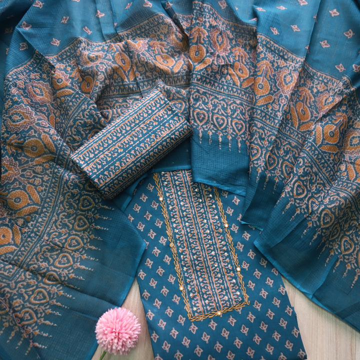 Raazi Cerulean Teal Patch Work Ajrak Printed Cotton Suit Set