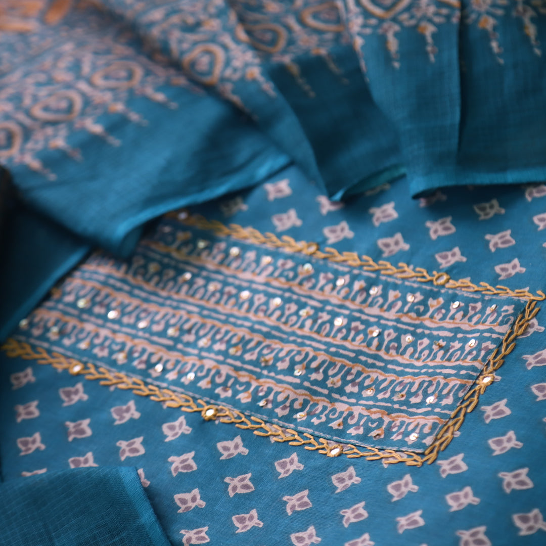 Raazi Cerulean Teal Patch Work Ajrak Printed Cotton Suit Set