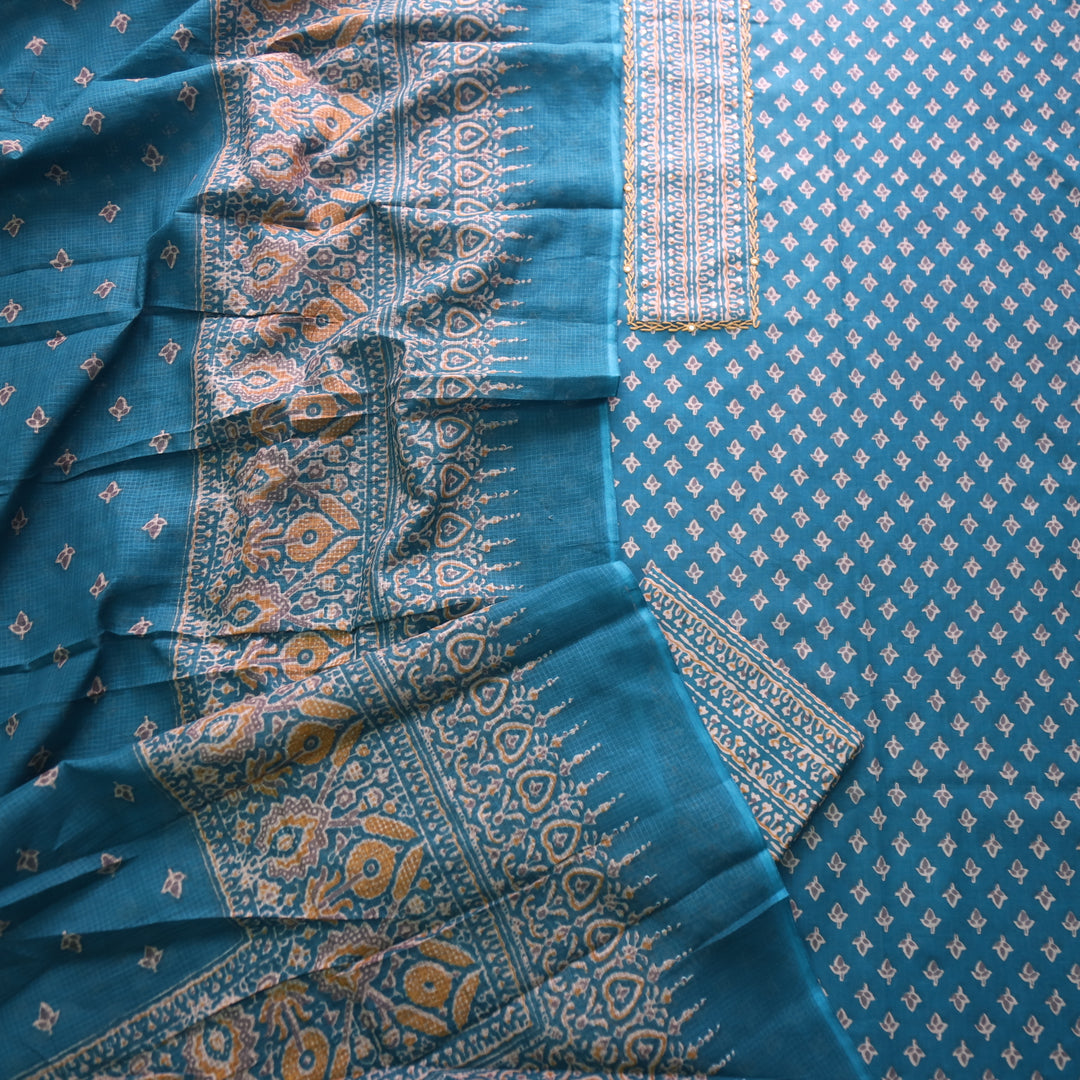 Raazi Cerulean Teal Patch Work Ajrak Printed Cotton Suit Set