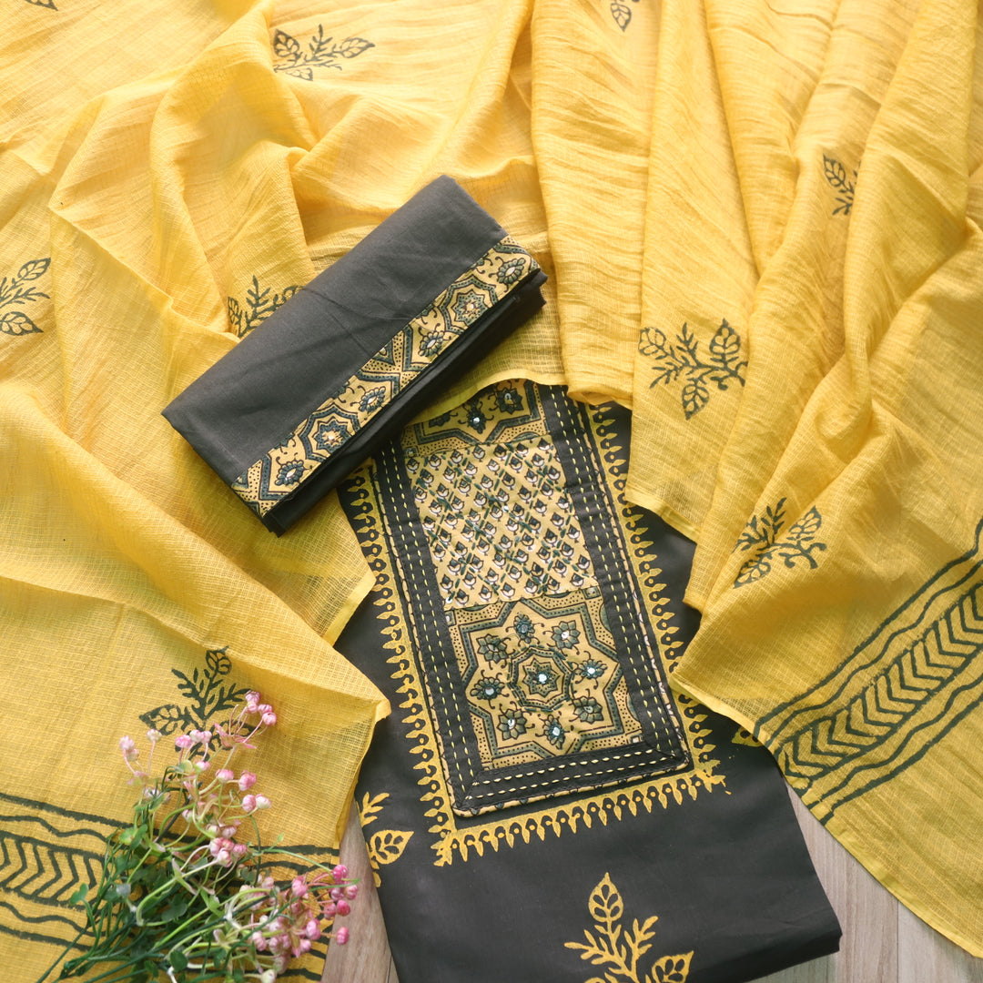 Raazi Sacramento Green Patch Work Ajrak Printed Cotton Suit Set