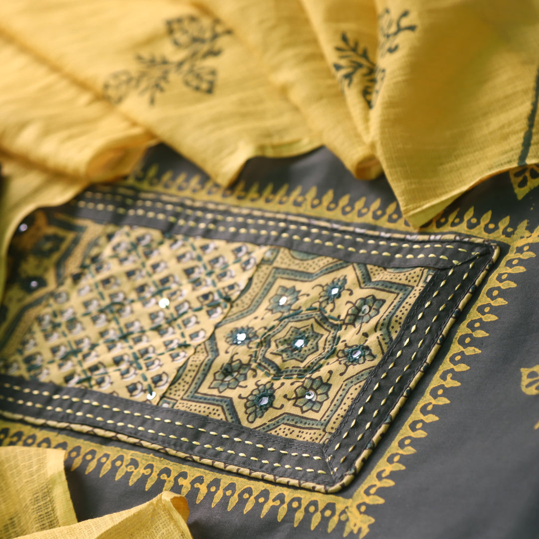 Raazi Sacramento Green Patch Work Ajrak Printed Cotton Suit Set