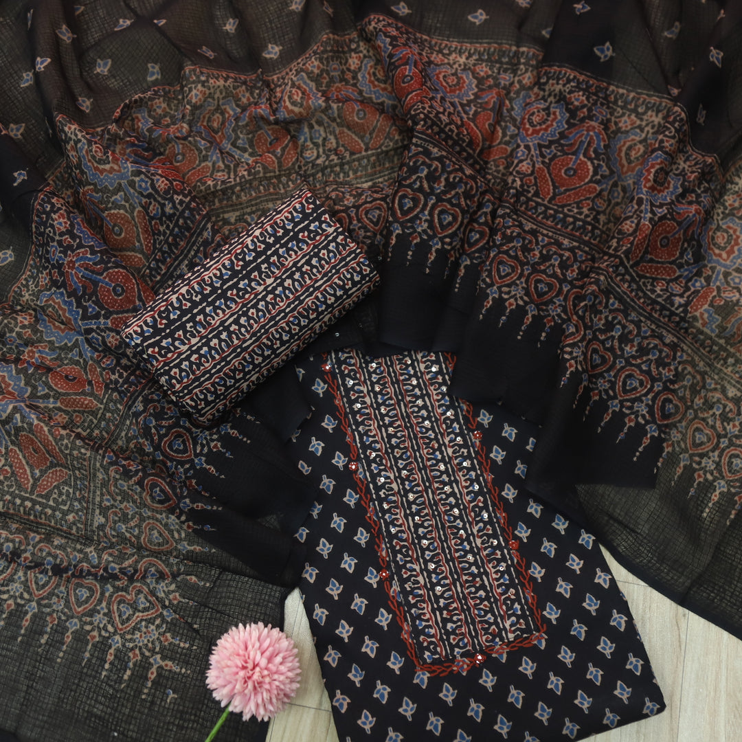 Raazi Nigth Black Patch Work Ajrak Printed Cotton Suit Set