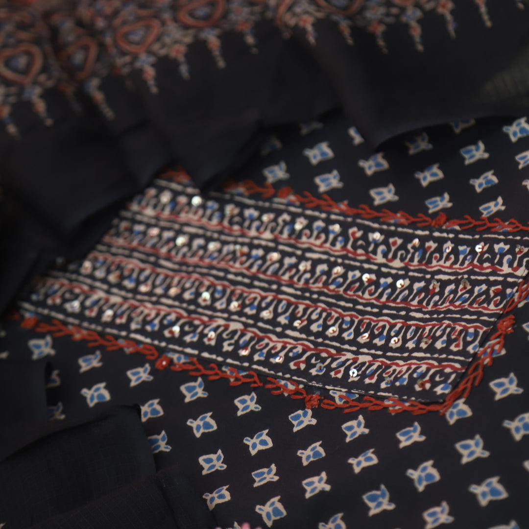Raazi Nigth Black Patch Work Ajrak Printed Cotton Suit Set