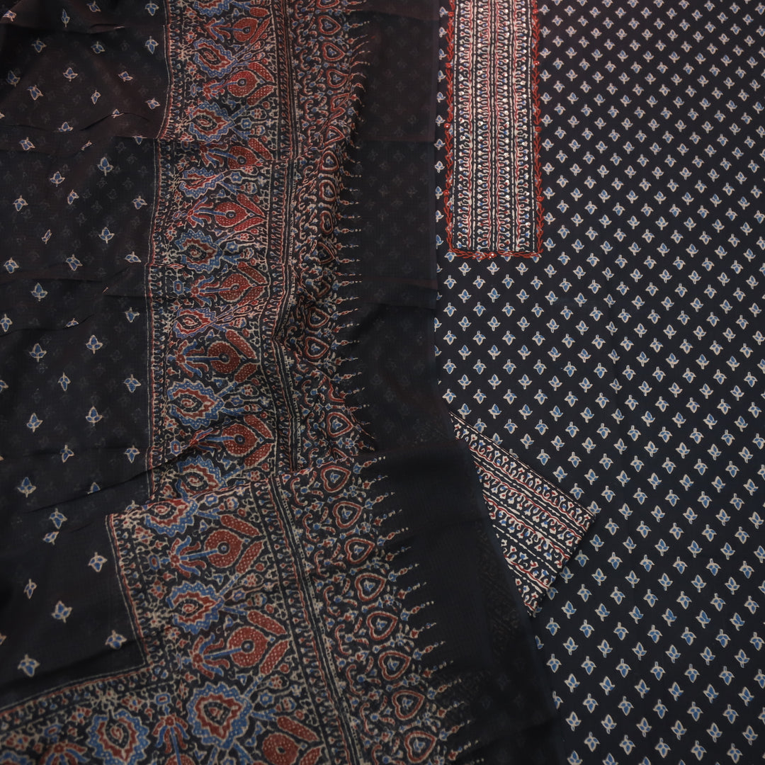 Raazi Nigth Black Patch Work Ajrak Printed Cotton Suit Set