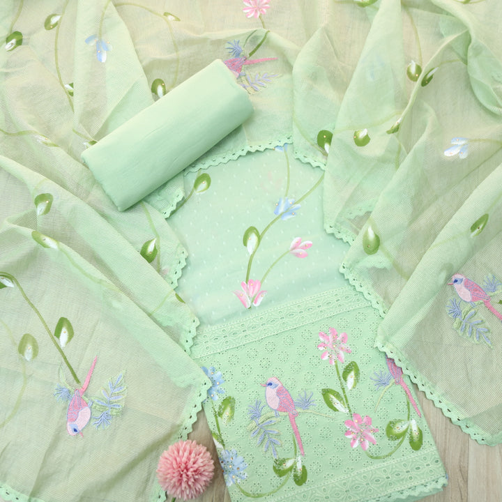Paaksh Mint Green Hand Painted with Bird Embriodered Schiffli Hem Cotton Suit Set