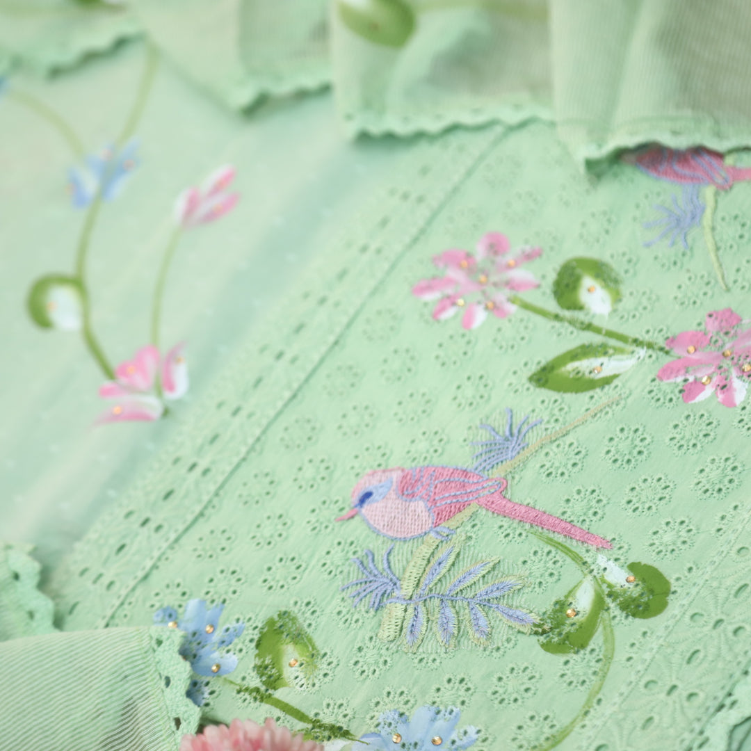 Paaksh Mint Green Hand Painted with Bird Embriodered Schiffli Hem Cotton Suit Set