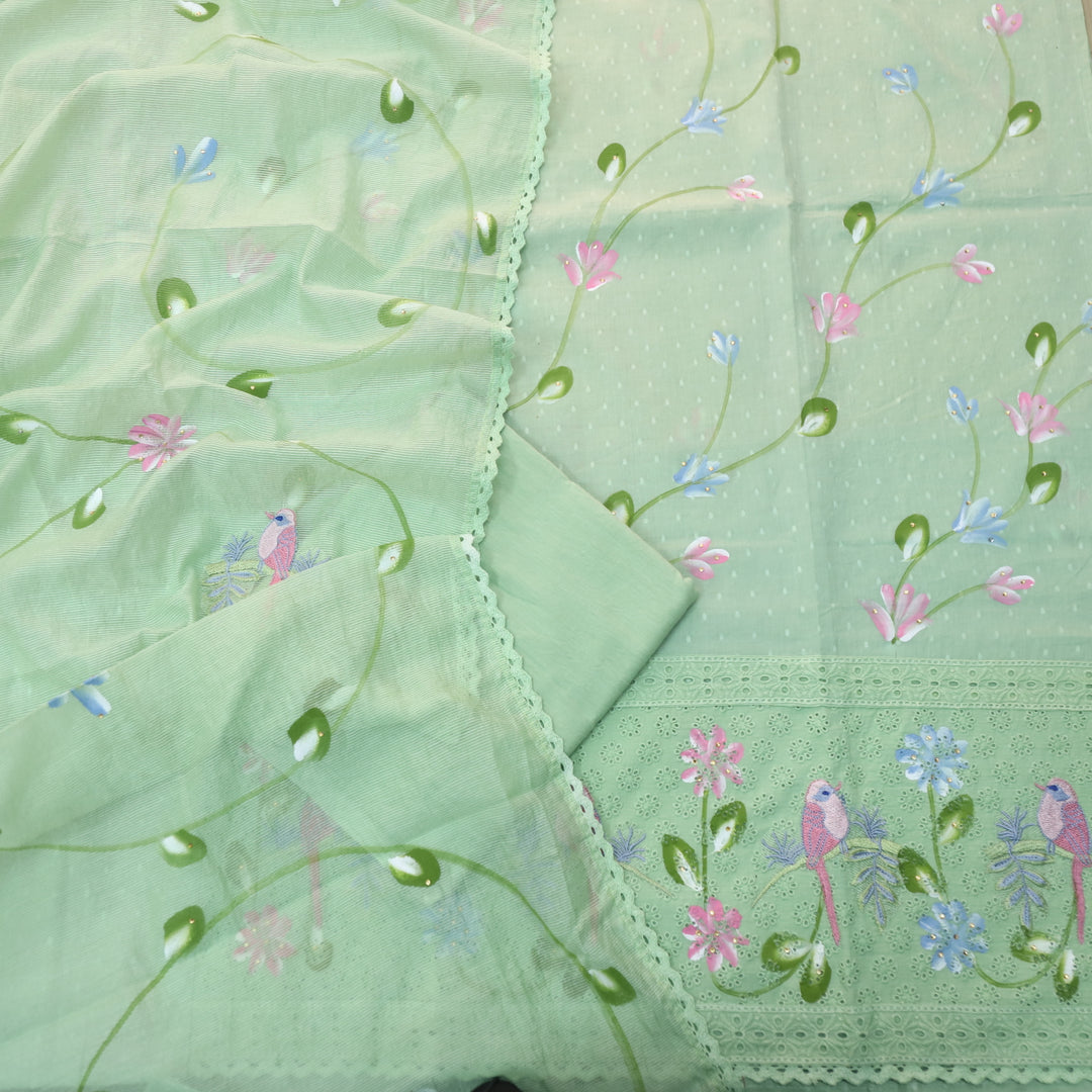 Paaksh Mint Green Hand Painted with Bird Embriodered Schiffli Hem Cotton Suit Set