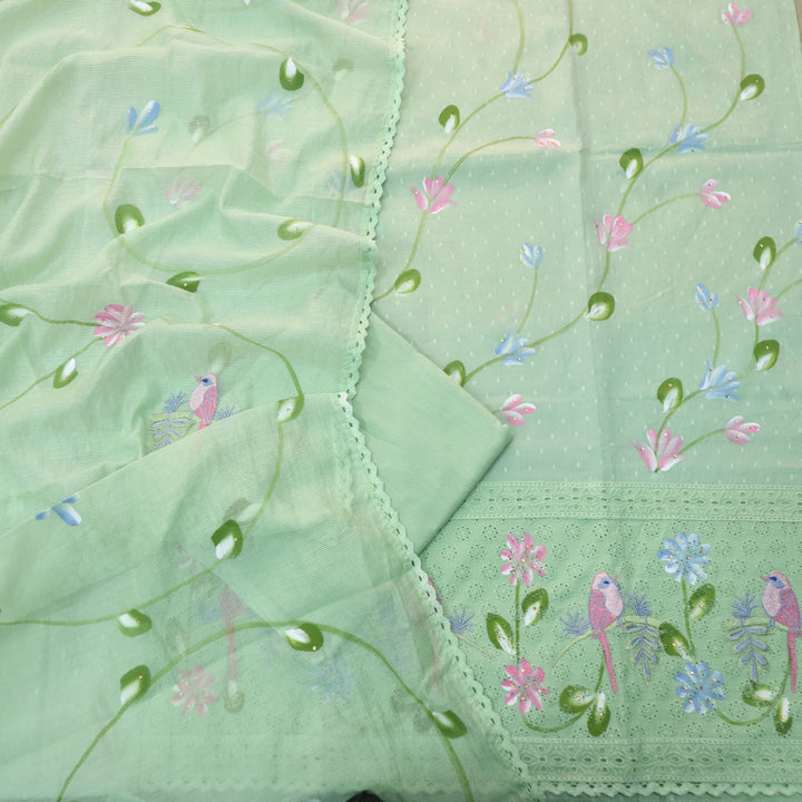 Paaksh Mint Green Hand Painted with Bird Embriodered Schiffli Hem Cotton Suit Set