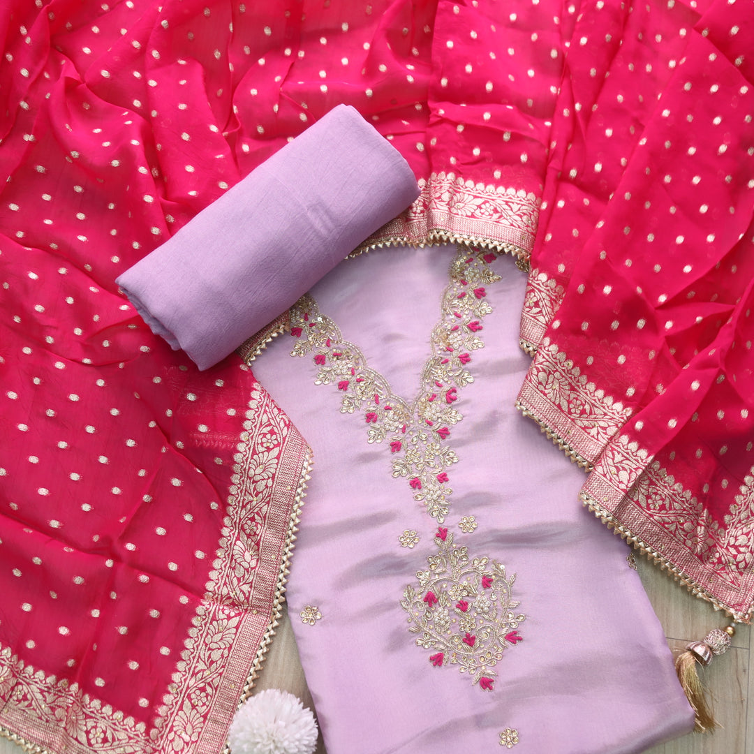 Falak Soft Lilac V Embellished Neck Work in Shimmer Tissue Silk Suit Set
