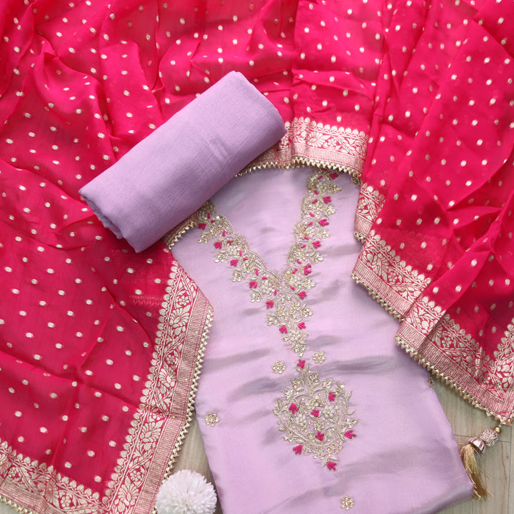 Falak Soft Lilac V Embellished Neck Work in Shimmer Tissue Silk Suit Set