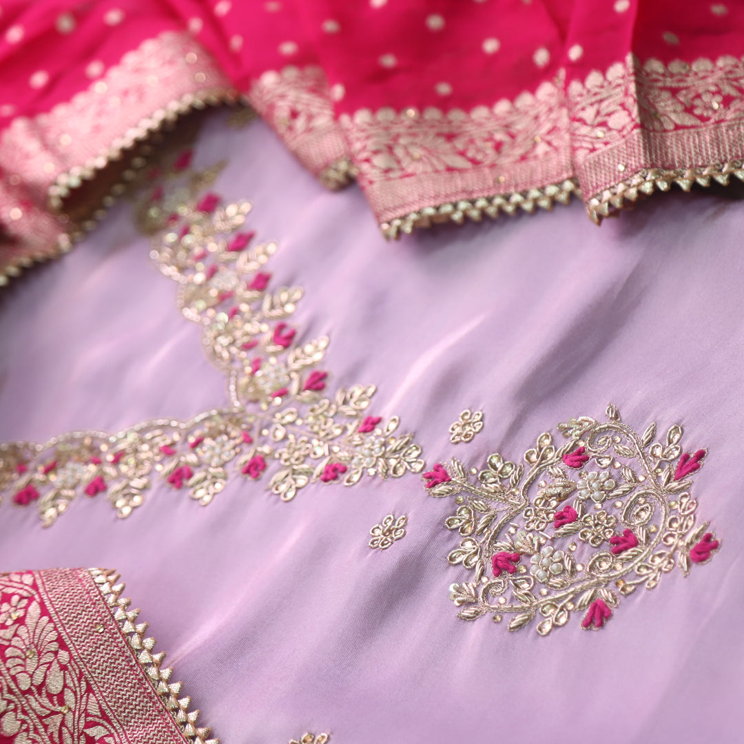 Falak Soft Lilac V Embellished Neck Work in Shimmer Tissue Silk Suit Set