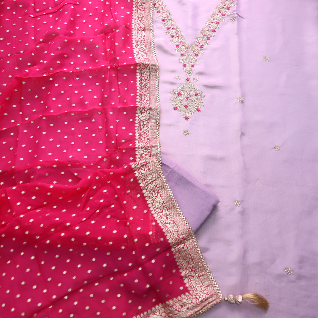 Falak Soft Lilac V Embellished Neck Work in Shimmer Tissue Silk Suit Set