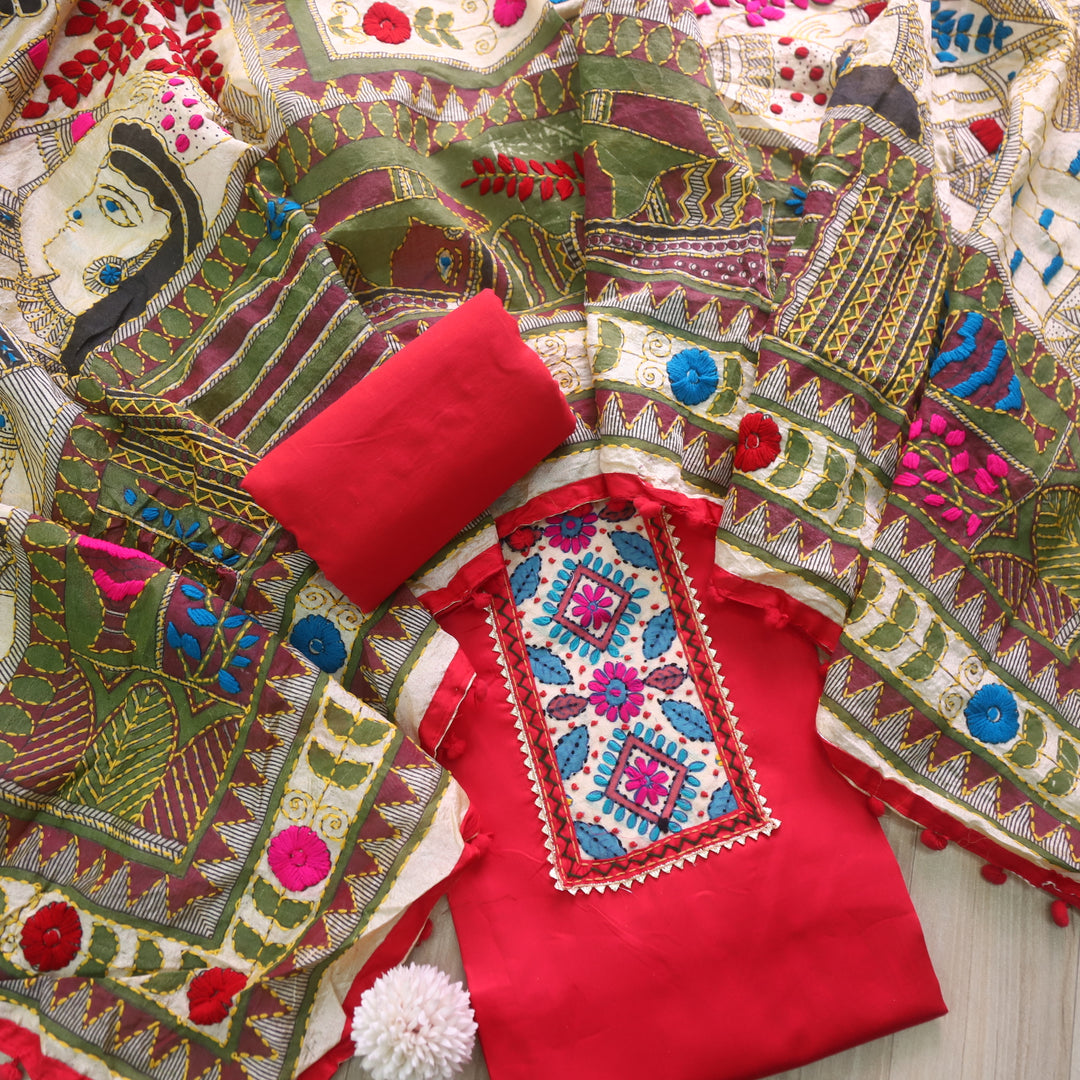Ruksana Bride Red Glazed Cotton Top With Art Silk Dupatta