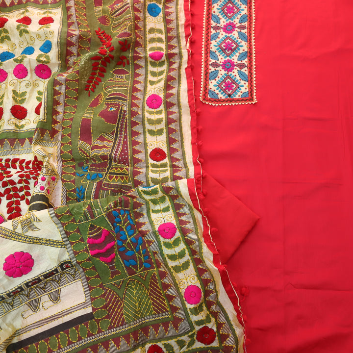 Ruksana Bride Red Glazed Cotton Top With Art Silk Dupatta