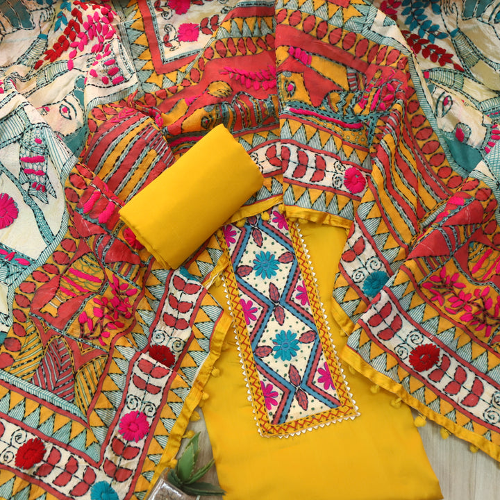 Ruksana Corn Yellow Glazed Cotton Top With Art Silk Dupatta