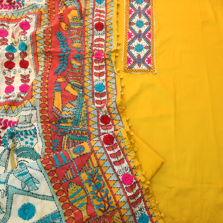 Ruksana Corn Yellow Glazed Cotton Top With Art Silk Dupatta