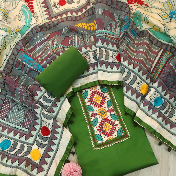 Ruksana Grass Green Glazed Cotton Top With Art Silk Dupatta