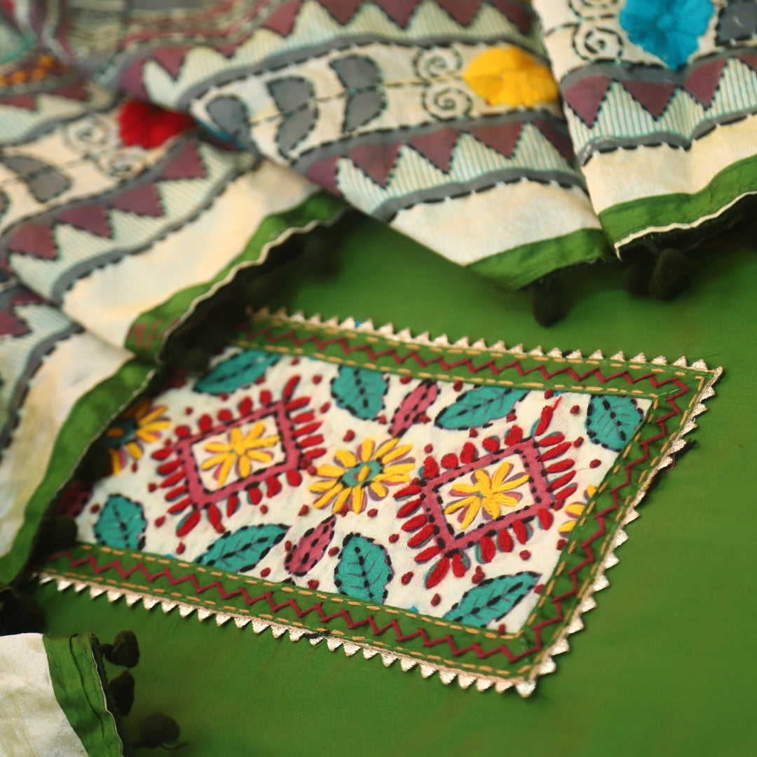 Ruksana Grass Green Glazed Cotton Top With Art Silk Dupatta