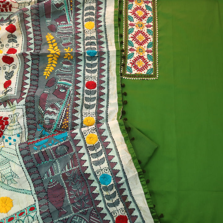 Ruksana Grass Green Glazed Cotton Top With Art Silk Dupatta