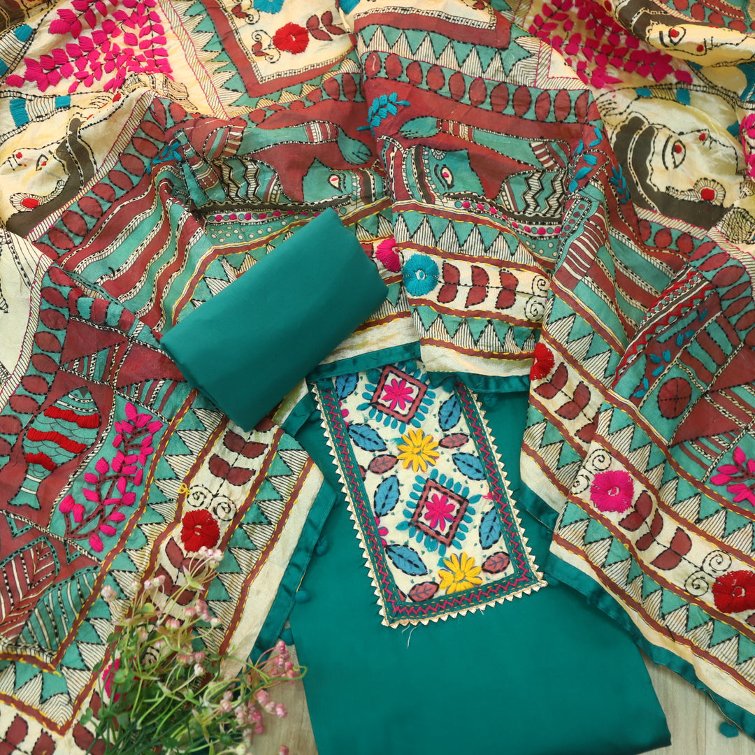 Ruksana Aqua Teal Glazed Cotton Top With Art Silk Dupatta