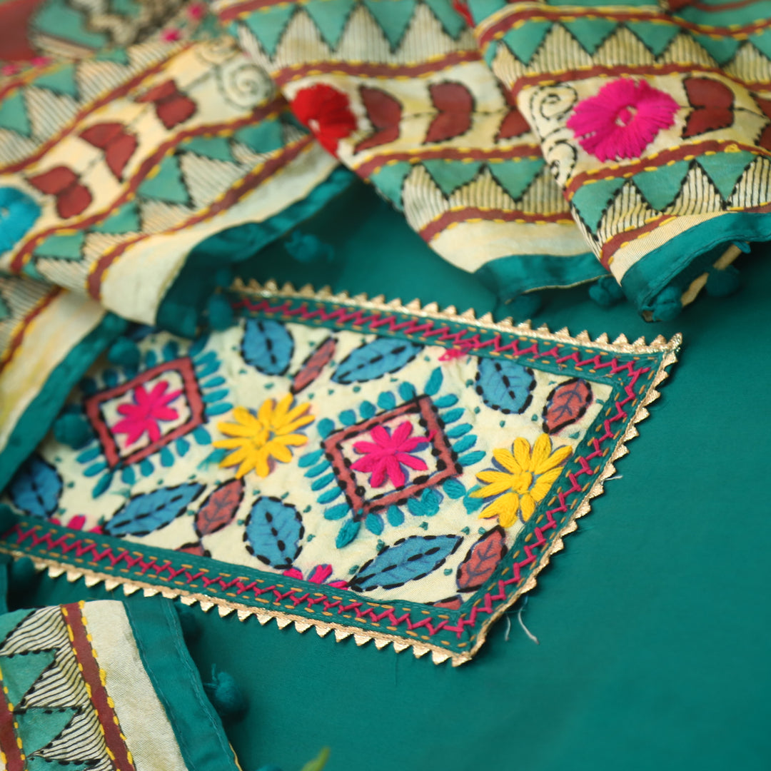 Ruksana Aqua Teal Glazed Cotton Top With Art Silk Dupatta