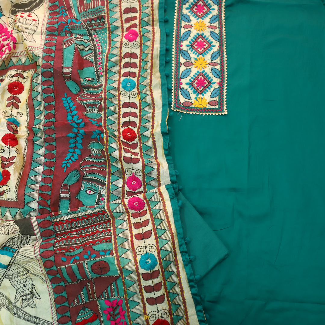 Ruksana Aqua Teal Glazed Cotton Top With Art Silk Dupatta