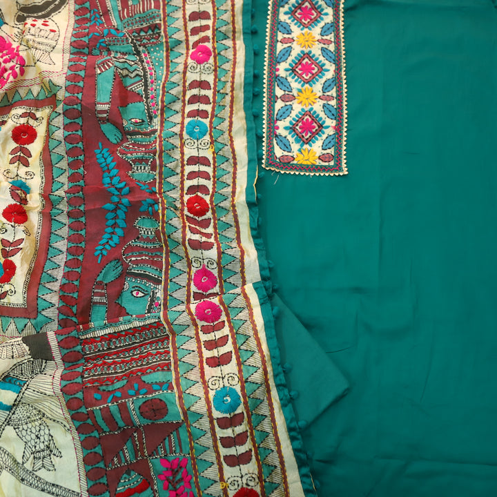 Ruksana Aqua Teal Glazed Cotton Top With Art Silk Dupatta