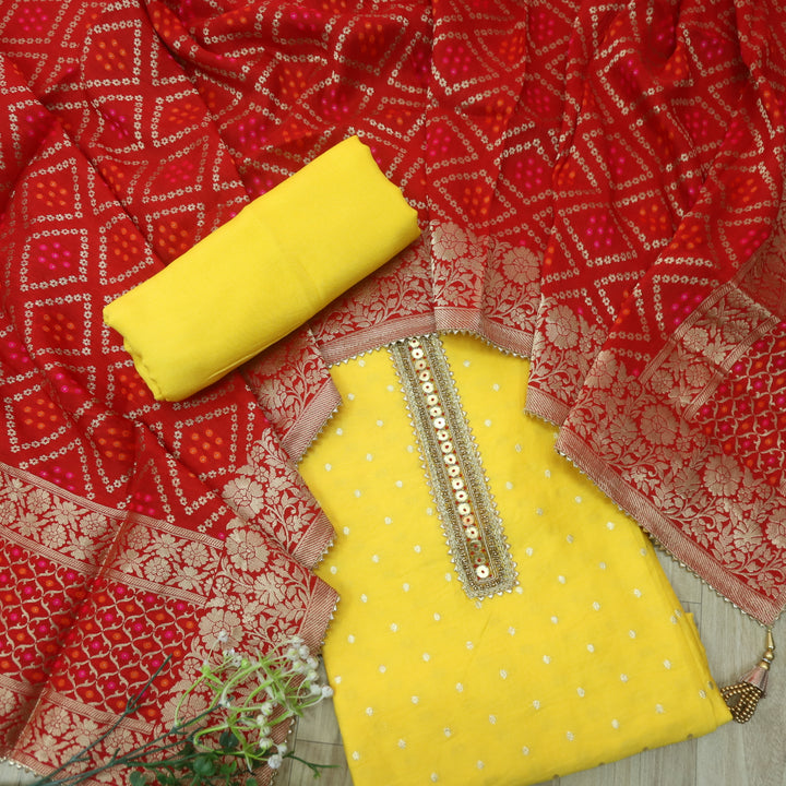 Kayamat Bumblebee Yellow Zari Polka Weave Dola Silk Suit Set