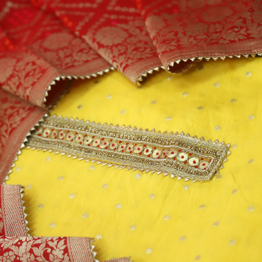 Kayamat Bumblebee Yellow Zari Polka Weave Dola Silk Suit Set