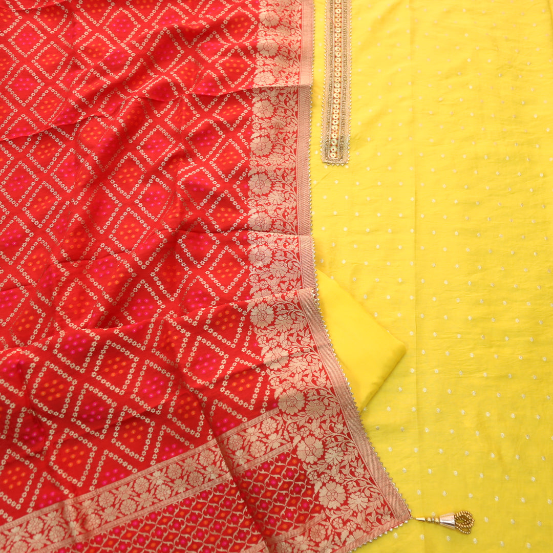 Kayamat Bumblebee Yellow Zari Polka Weave Dola Silk Suit Set