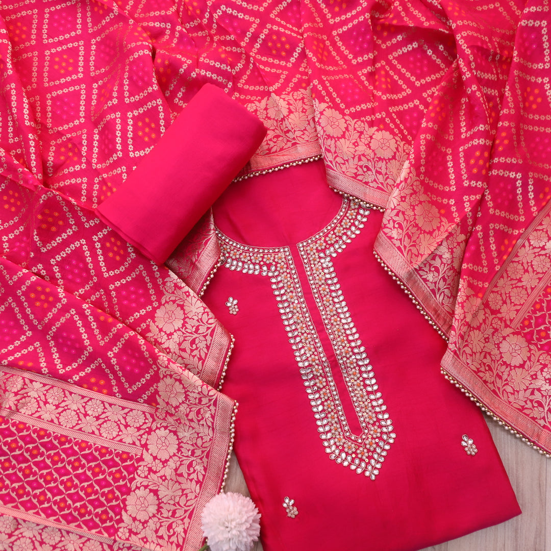 Kayamat Rani Pink Silk Top with Embellished Neck Line Suit Set