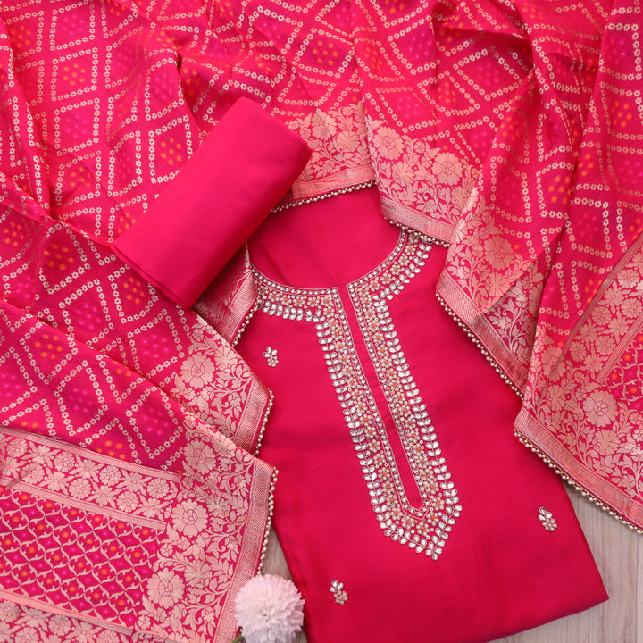Kayamat Rani Pink Silk Top with Embellished Neck Line Suit Set