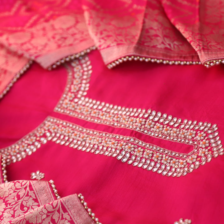 Kayamat Rani Pink Silk Top with Embellished Neck Line Suit Set