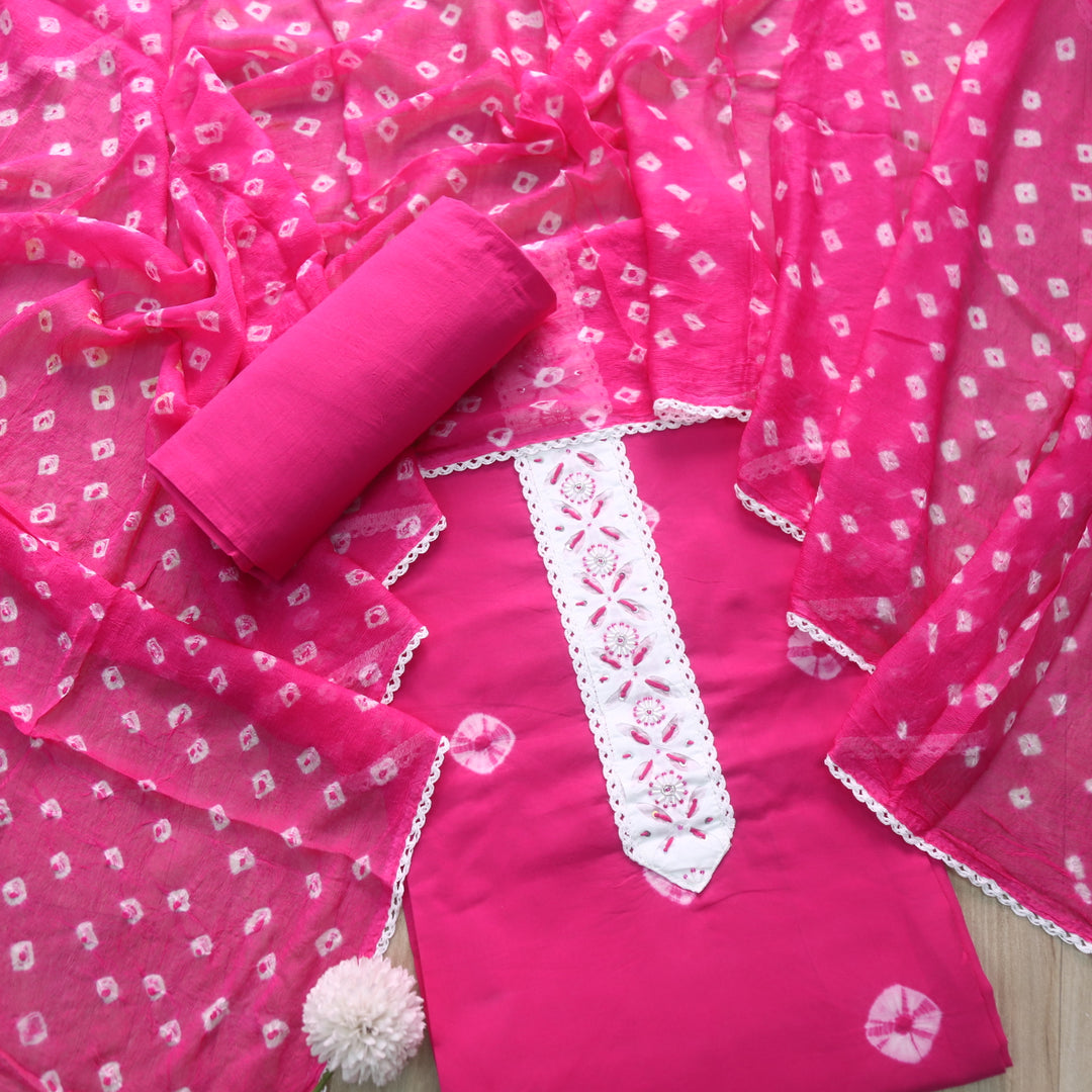 Leher Bright Pink Embellished Neck Patch in Bandhej Work Cotton Suit Set