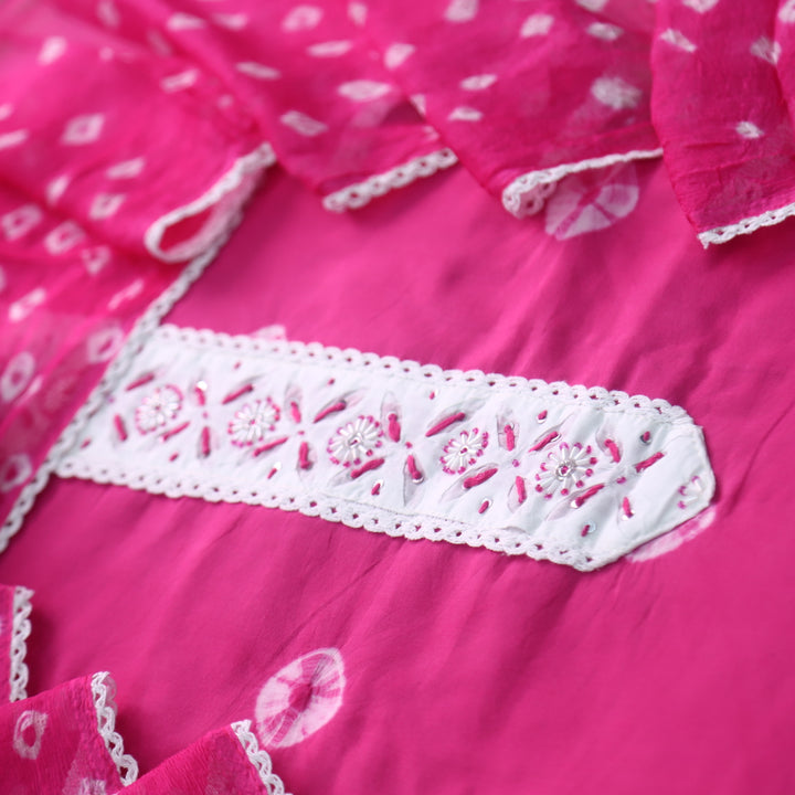 Leher Bright Pink Embellished Neck Patch in Bandhej Work Cotton Suit Set