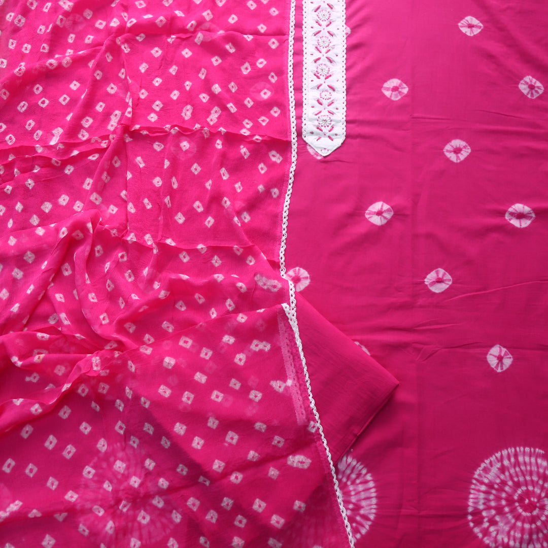 Leher Bright Pink Embellished Neck Patch in Bandhej Work Cotton Suit Set