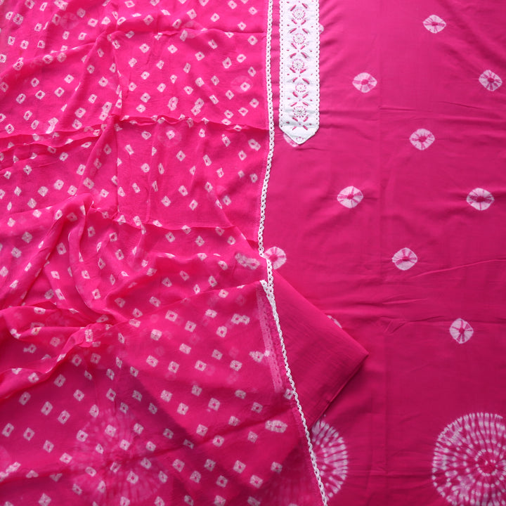 Leher Bright Pink Embellished Neck Patch in Bandhej Work Cotton Suit Set