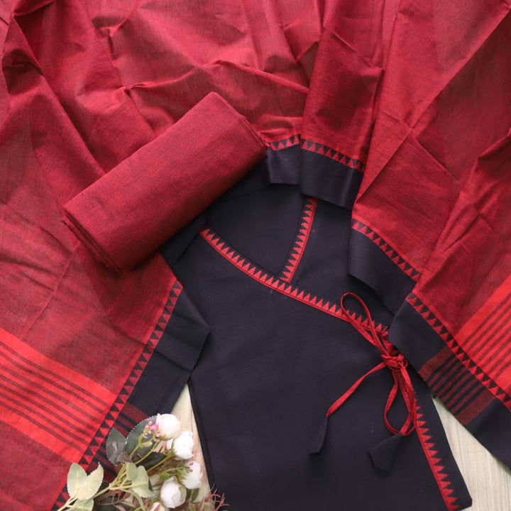 Sanskruti Black with Red Long Angrakha Style South Cotton Temple Hem Suit Set