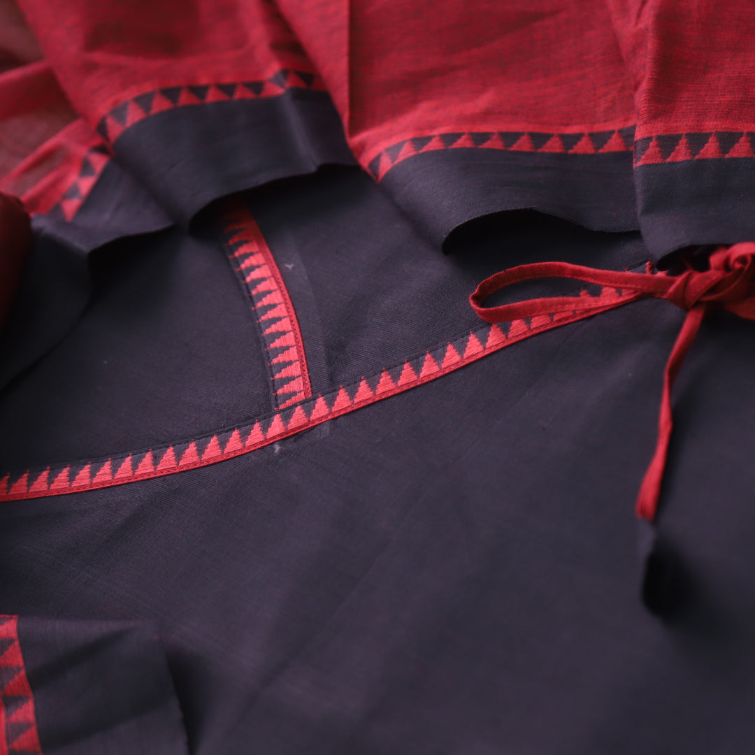 Sanskruti Black with Red Long Angrakha Style South Cotton Temple Hem Suit Set