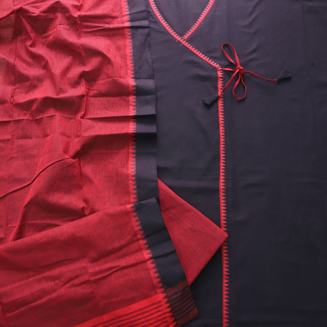 Sanskruti Black with Red Long Angrakha Style South Cotton Temple Hem Suit Set