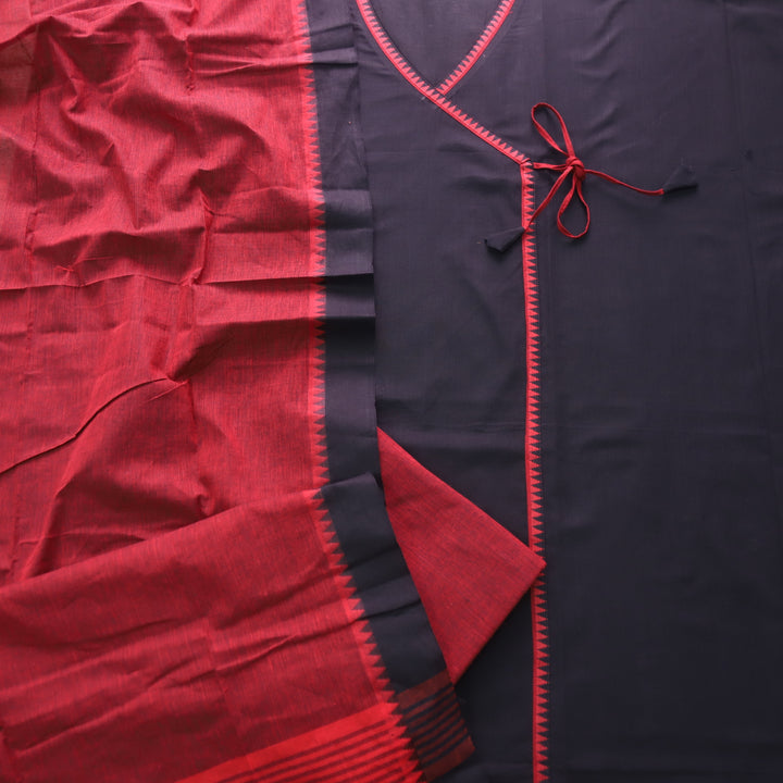 Sanskruti Black with Red Long Angrakha Style South Cotton Temple Hem Suit Set