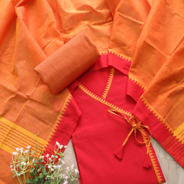 Sanskruti Orange with Yellow Long Angrakha Style South Cotton Temple Hem Suit Set