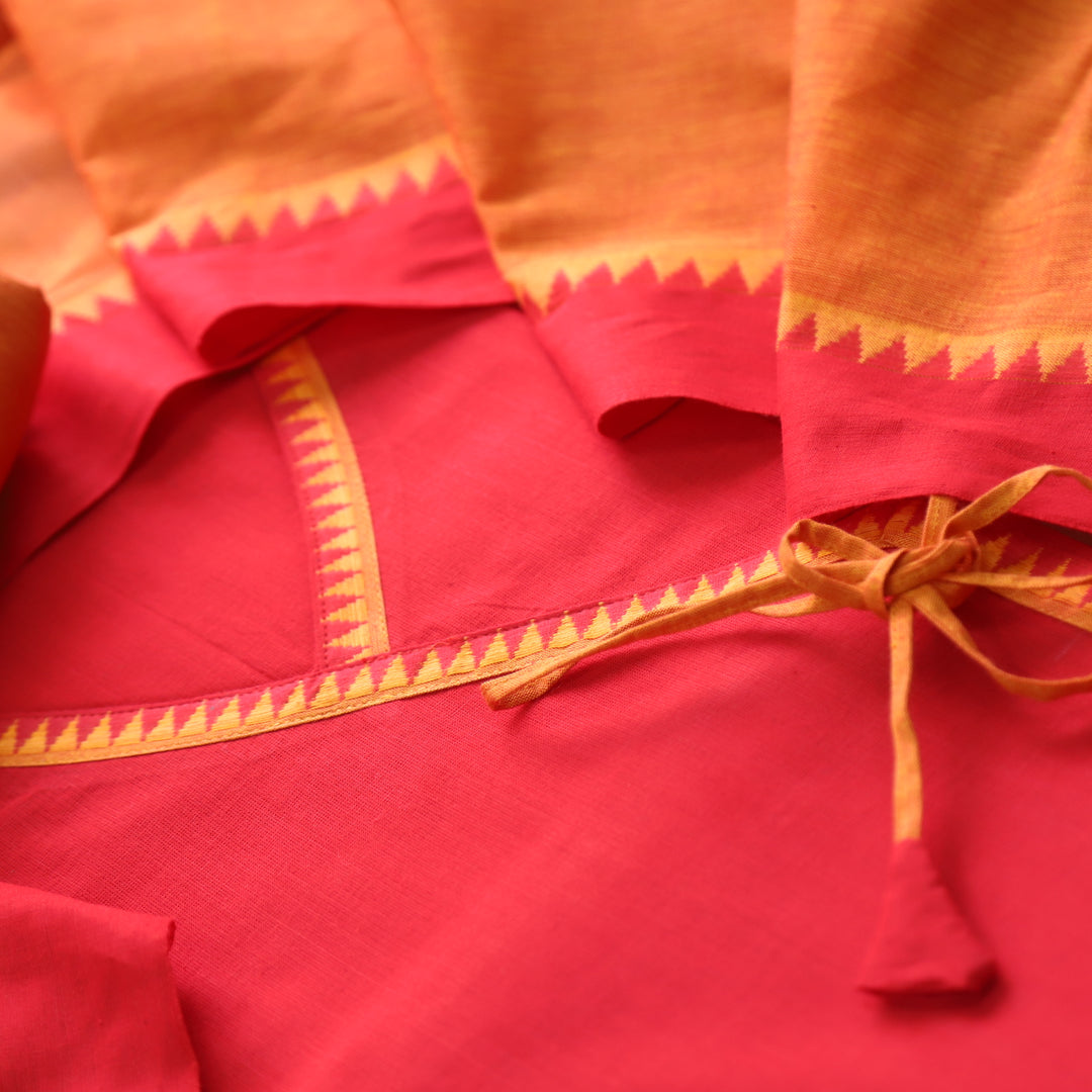 Sanskruti Orange with Yellow Long Angrakha Style South Cotton Temple Hem Suit Set