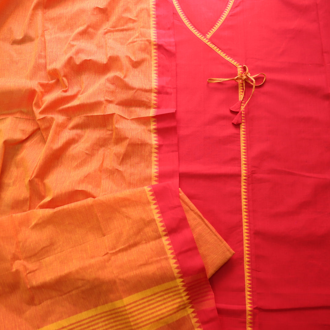 Sanskruti Orange with Yellow Long Angrakha Style South Cotton Temple Hem Suit Set