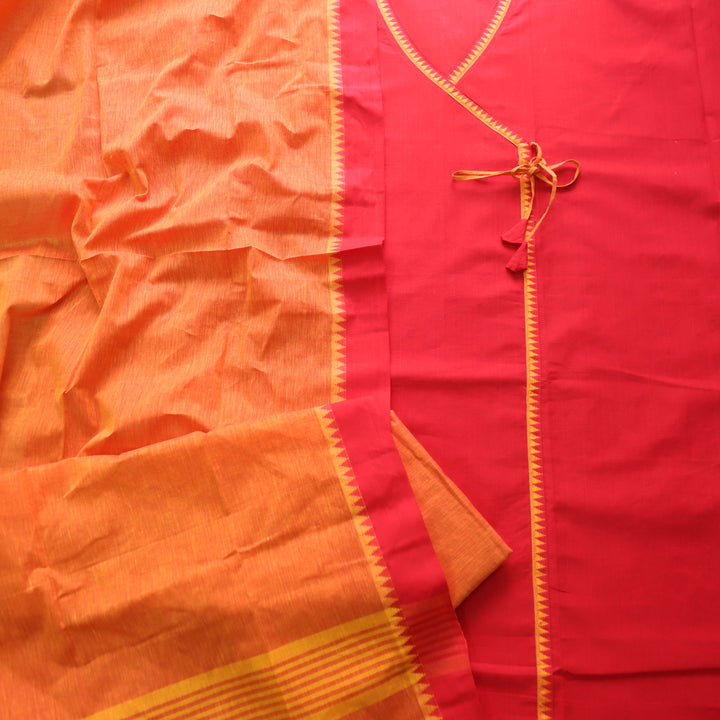 Sanskruti Orange with Yellow Long Angrakha Style South Cotton Temple Hem Suit Set