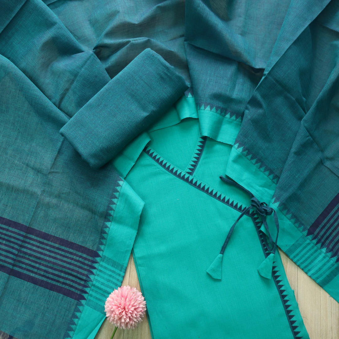 Sanskruti Teal Blue Long Angrakha Style South Cotton Temple Hem Suit Set